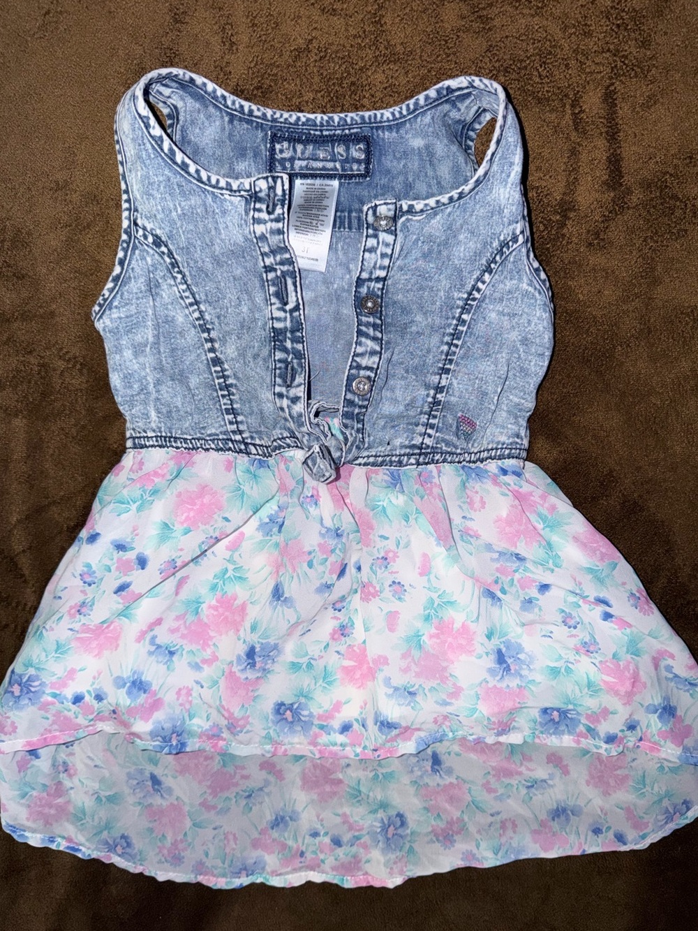 Guess Girls' Denim-Look Tank with Pink, Blue & Mint Floral Skirt